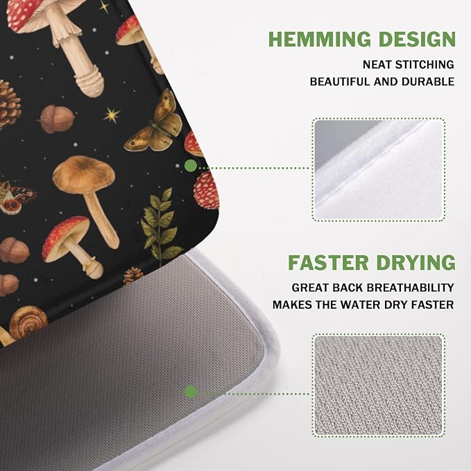 Botanical Mushroom Fern Leaf Dish Drying Mat 16x18 Inch | Butterfly，Polyester，Absorbent Microfiber，for Kitchen Coffee Dining Bar Decor