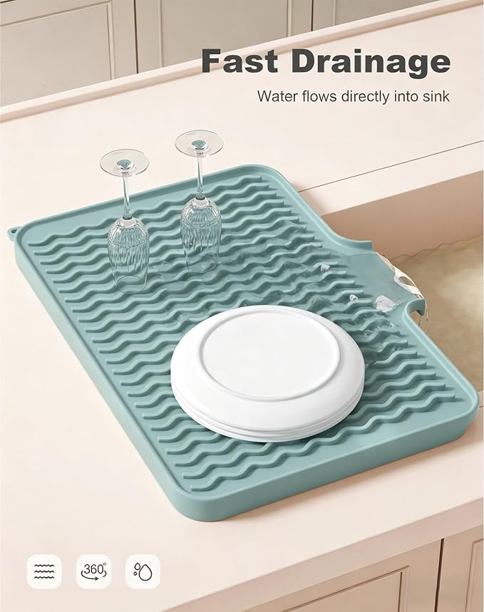 Rnivvi Silicone Dish Drying Mat for Kitchen Counter, 16 x 12" Drainer Pad with Drainage Spout, Non-Slip Countertop Protector Heat Resistant Trivet, Dish Rack Mat for for Sink Dishes, Shadow Green