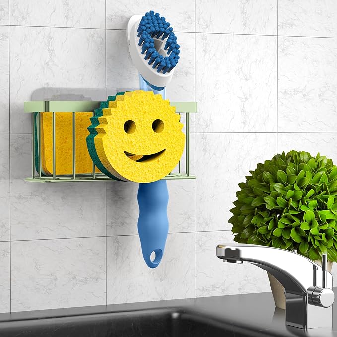 MURLONG Sponge Holder Smiley Face,Sink Caddy,Sink Organizer with 2 Suction Cups/1 Adhesive Strips,Designed for Sponge,Soap,Dish Brush,Scrubber - Green