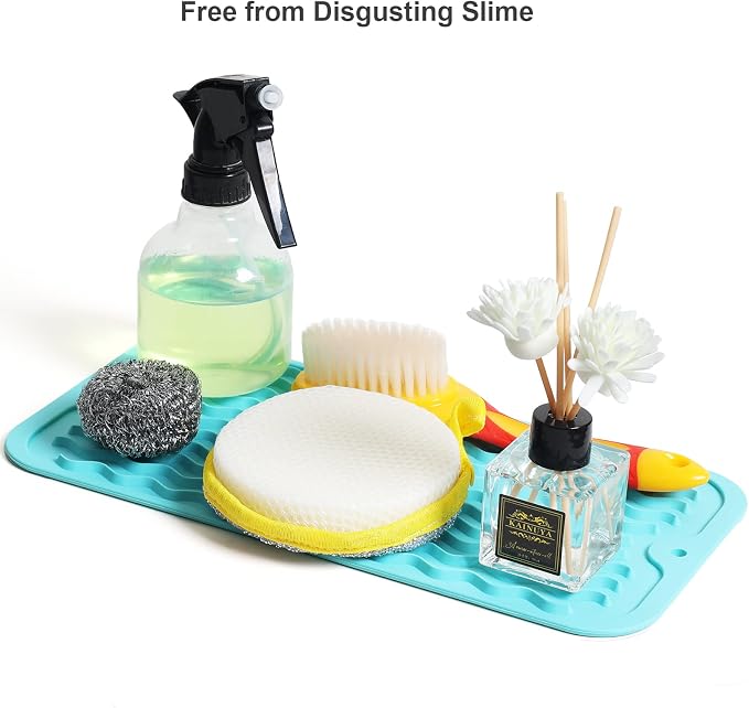 ZLR Silicone Sink Caddy Tray (6" x 12" / 153 x 305mm) - Narrow Sponge Holder for Kitchen Counter - Waterproof Dish Drying Mat, Non-Slip Soap Dispenser Mat & Bathroom Vanity Organizer (Mint Green)