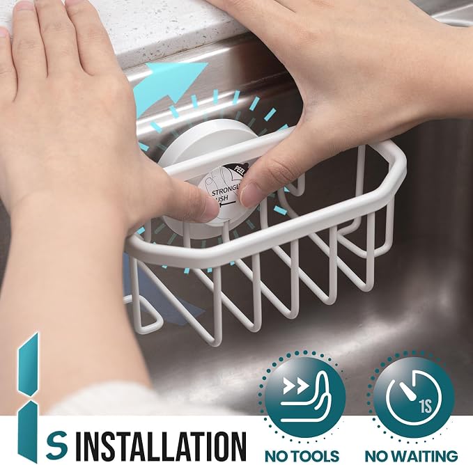 TAILI Sponge Holder for Kitchen Sink with Strong Suction Cup, Rustproof Aluminum Sink Caddy for Sponges, Brushes, Stoppers & Scrapers, White
