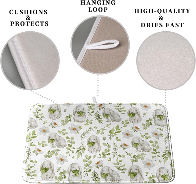 Easter Bunny Floral Drying Mat for Kitchen Counter Spring Easter Rabbits Green Leaves Dry Dish Mat Absorbent Microfiber Dish Draining Washable Dish Drainer Rack Mat 16x18 Inch