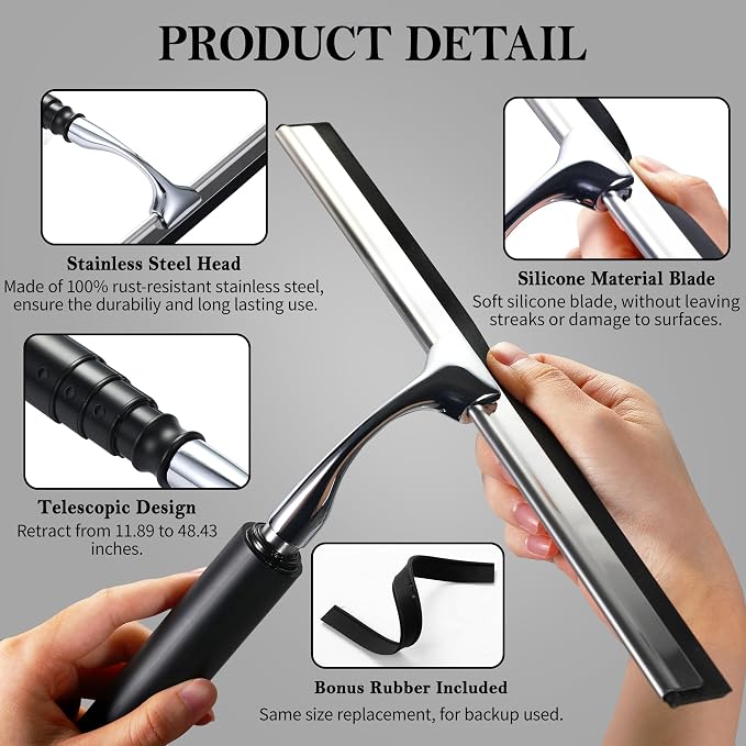 Toncoke 2 in 1 Window Squeegee, Shower Squeegee Window Cleaning Kit with Extension Pole Long Handle Squeegee for Shower Glass Floor Bathroom Home Outdoor, 12 inch Wide, Black