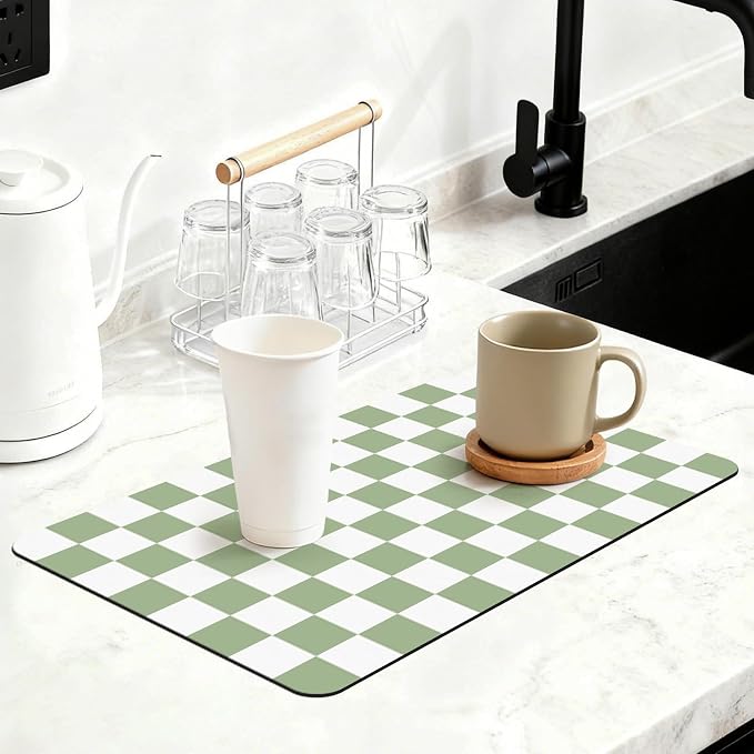 12" x 20" Checkered Dish Drying Mat for Kitchen Counter, Absorbent Coffee Bar Mat for Espresso Machine Coffee Countertops Accessories, Sage