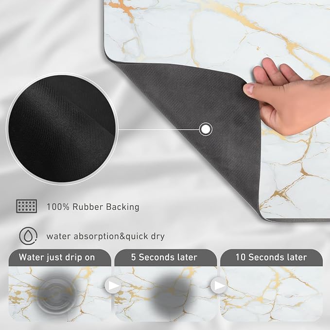 Sofort Dish Drying Mat for Kitchen Counter, Gold White Marble Dish Drying Pad with Non-slip Rubber Backed, Super Absorbent Drying Mats for Dish Rack, Coffee Maker 16 x 24 Inches
