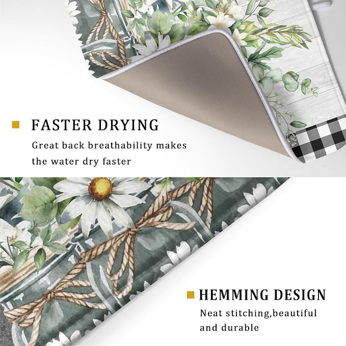 Daisy Floral Dish Drying Mat for Kitchen Counter Watercolor Flowers Absorbent Dishes Drainer Rack Mat 18x24 Inch Microfiber Dish Drying Pads Spring Kitchen Drying Dishes Pad Countertops