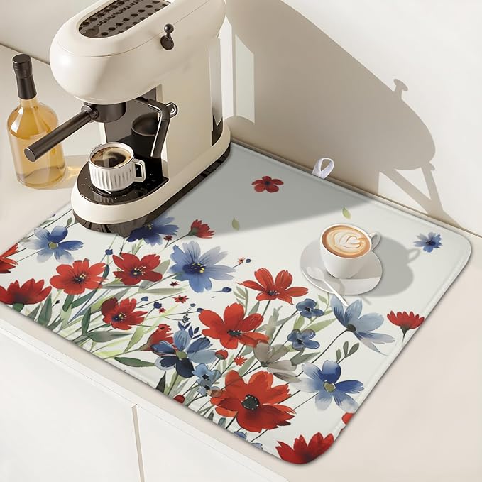 4th of July Floral Dish Drying Mat for Kitchen Counter 16 x 18 Inch Patriotic Dish Drainer Mat Absorbent Microfiber Independece Day Dish Rack Pad for Coffee Dining Bar Decor