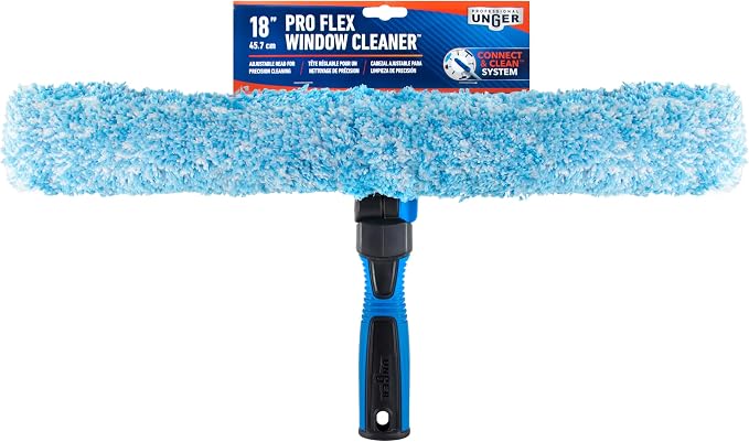 Unger Professional Connect and Clean 18” Proflex 2-in-1 Squeegee and Scrubber, High Access Window Cleaning Tool with Pivoting Head, Commercial and Residential Use, Reusable Microfiber Sleeve