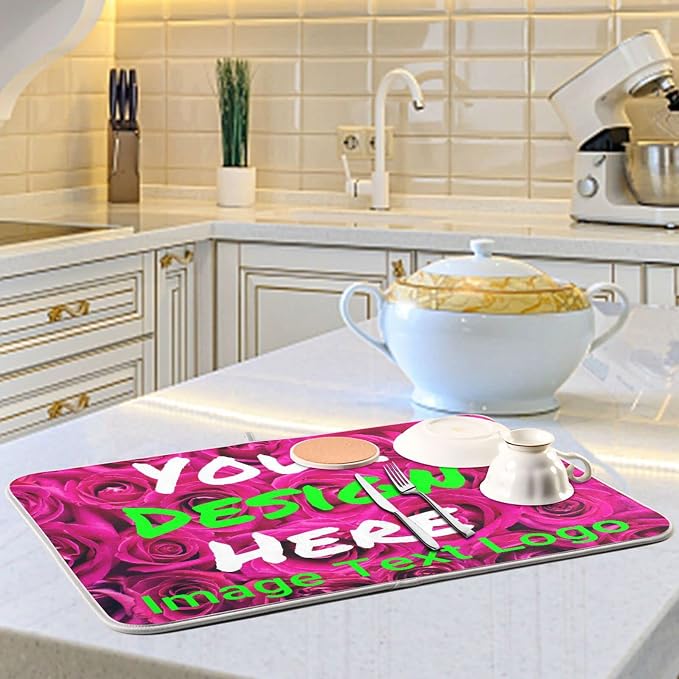 Personalized Dish Drying Mat for Kitchen Counter, Custom Drying Pad with Image Logo Text, Drainer Mats for Countertop for Travel Festivals Family Memories, Large 18" x 24"