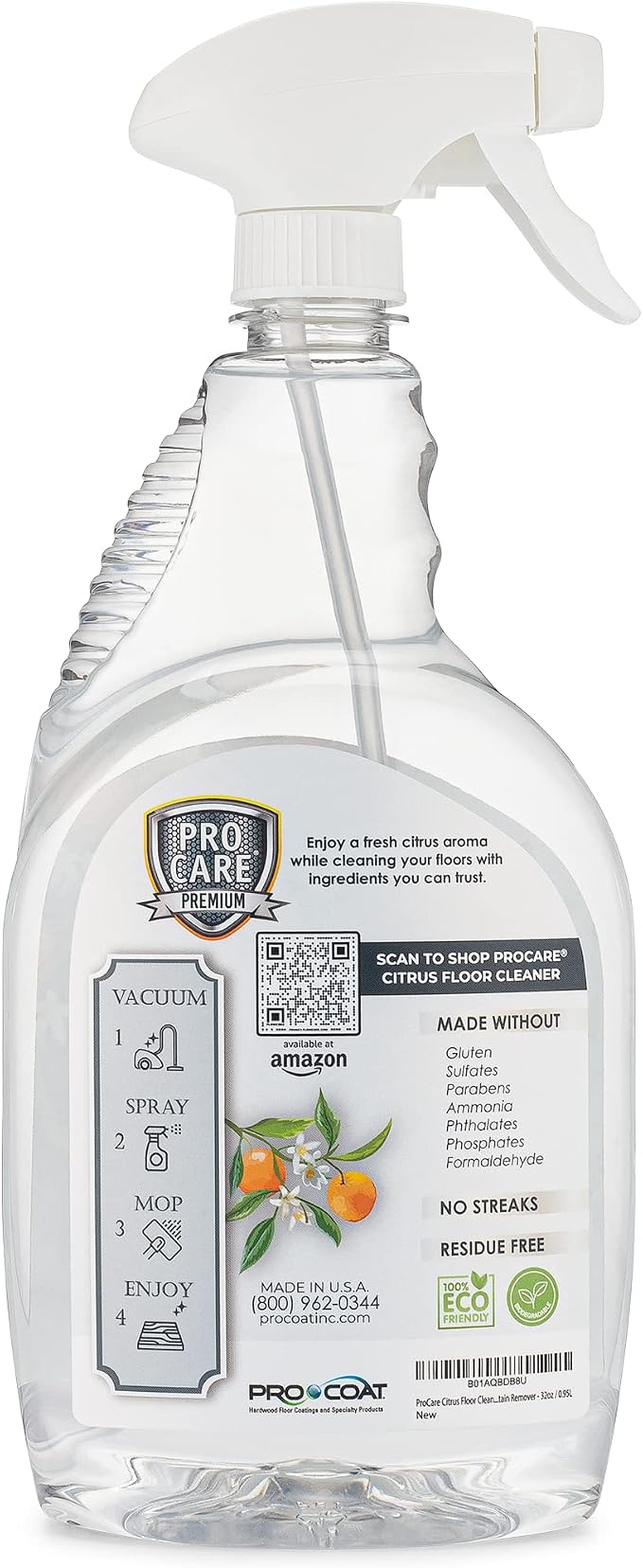 ProCare Citrus Floor Cleaner (Made in USA) | Streak Free Cleaner for Tile, Stone, Laminate, Vinyl & Natural Wood Floor Cleaner for Mopping, Floor Cleaning Solution with Citrus Aroma -32oz Spray Bottle