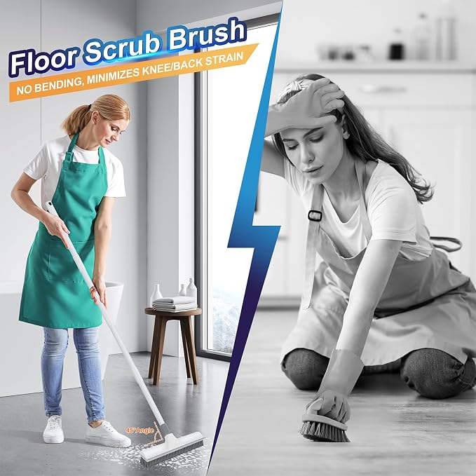 Yolaist 60 inch Long Handle Floor Scrub Brush, 2 in 1 Heavy Duty Hard Bristle Deck Scrubber & Squeegee for Tile, Wall, Concrete, Shower, Bathroom, Kitchen, Garage, Patio
