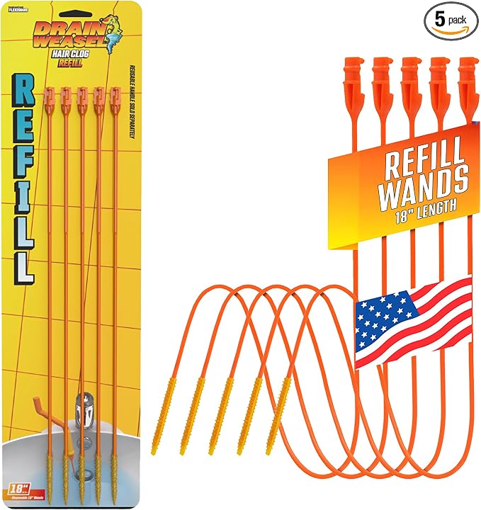 FlexiSnake Drain Weasel Refill for Sink Snake Hair Clog Remover, 5 Pack | Pipe, Bathroom, Bathtub Drain Cleaner, 18" Wands, Made in The USA