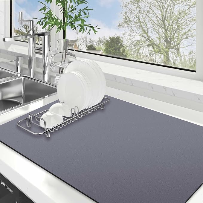 WISELIFE Dish Drying Mat Super Absorbent Drying Mat Large Dish Drying Mats for Kitchen Counter Easy Clean Dish Mat Kitchen Drying Mat18"x 28" Classic Grey