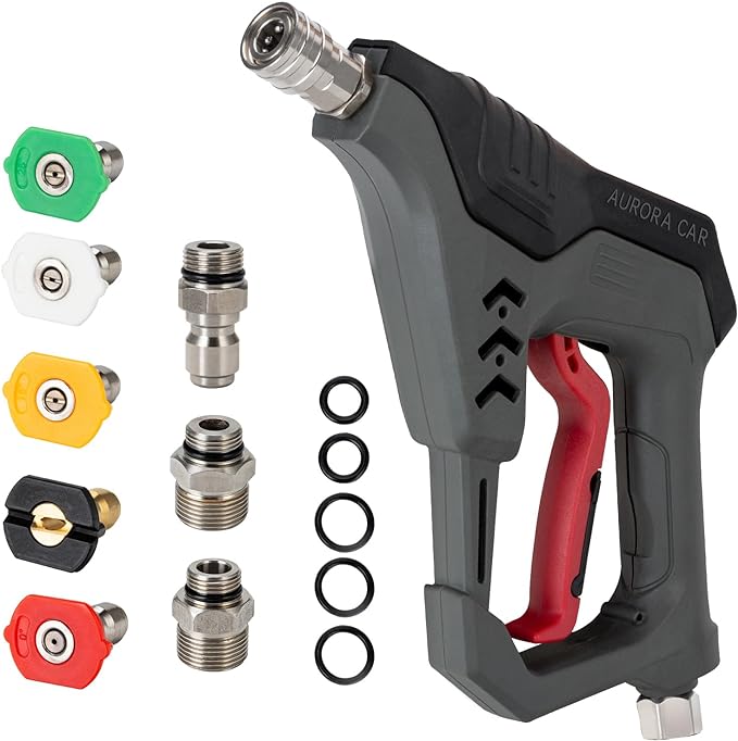 AURORA CAR Pressure Washer Short Gun, Commercial 5000 PSI 12 GPM, 1/4" QC | with 5 Spray Nozzle Tips, 3/8" Quick Connect Plug and M22-14/15mm Fittings, Power Washer Gun Compatible with Foam Cannon