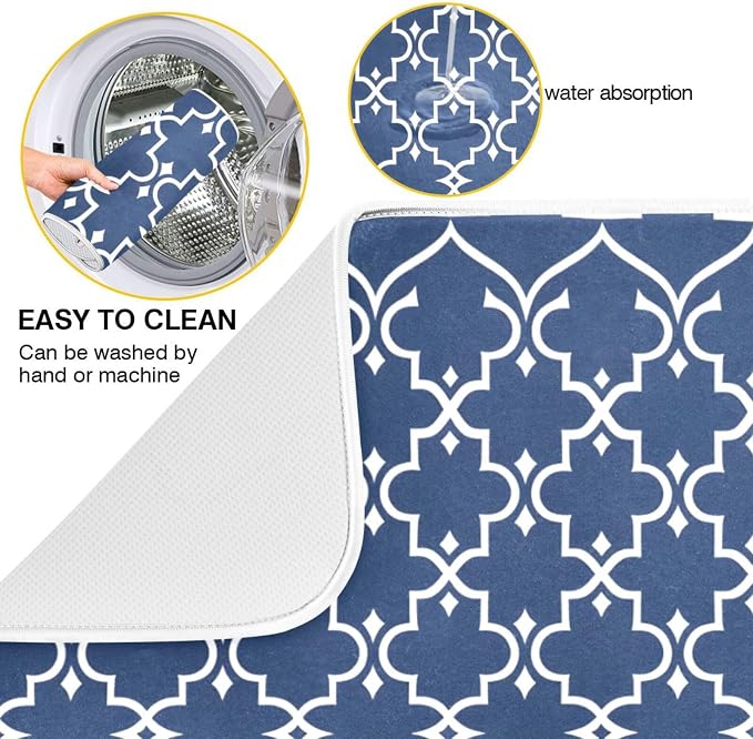 Super Absorbent Dish Drying Mat Microfiber Fast-Drying Dish Mat 24" x 18" Kitchen Dish Drying Pad Watercolor Cute Navy Blue Moroccan Mandala