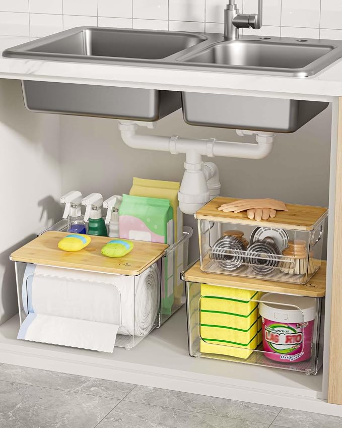 iCASA 3 in 1 Trash Bag Dispenser Holder Kitchen Under Sink Organizer | Garbage Bag Dispenser for 13/30/33 Gallon Bags, Clear Plastic Bins for Pantry, Laundry Room Organization and Storage