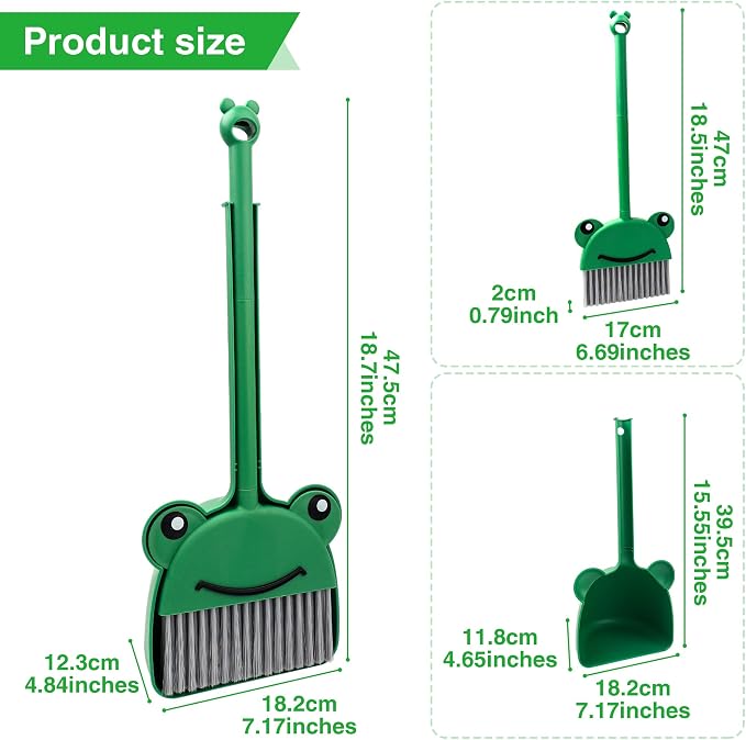 Children's Small Broom Dustpan Set Green Frog Mini Household Cleaning and Pretend Play Set