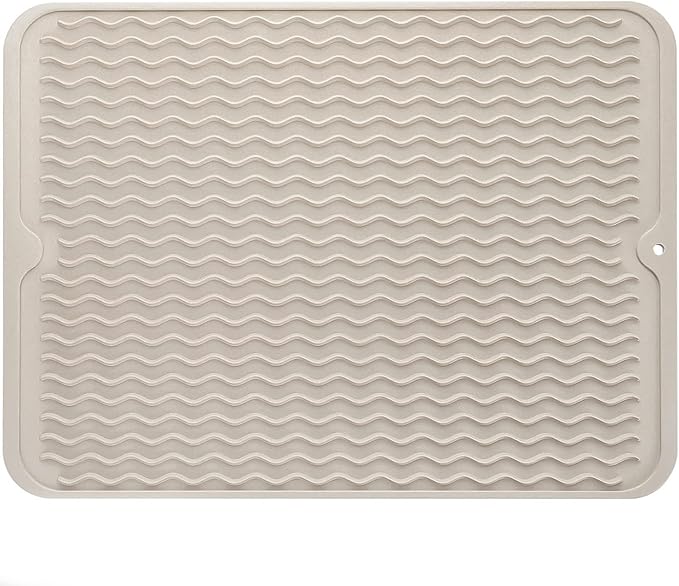 MicoYang Silicone Dish Drying Mat — Quick-Dry Ridges Counter & Sink Pad, Heat-Resistant Trivet to 450°F, Non-Slip & Dishwasher Safe, Roll-Up Storage, 18 Colors & 9 Sizes (Tapioca, 16"×12")