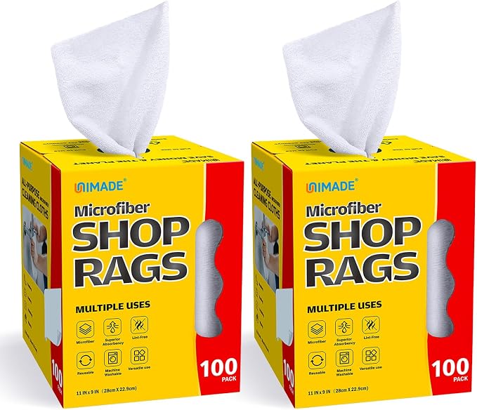 UNIMADE Shop Rags, 2 Boxes - 200 Sheets Microfiber Cleaning Cloth | Commercial Grade Washcloths Lint-Free Bulk Shops Towels for Cars Mechanic Restaurant Garage Housekeeping, 11"x 9", White