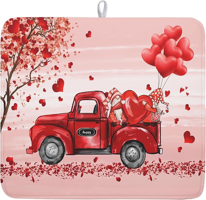 Valentine's Love Truck Dish Drying Mat, Valentine Red Gnomes Dish Drying Mat for Kitchen Counter, Valentine's Day Absorbent Fast Dry Dish Drainer Mat Protector Microfiber Dish Drying Pad 16"x18"