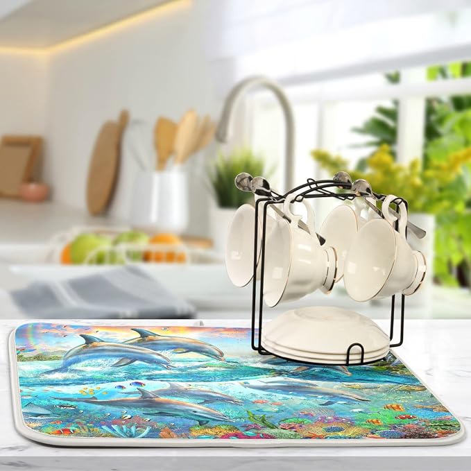 Absorbent Dish Drying Mat for Kitchen Counter - Dolphin Watercolor Summer Microfiber Drying Pad, Reversible Drainer Mats for Countertop, Small 16 x 18 inch