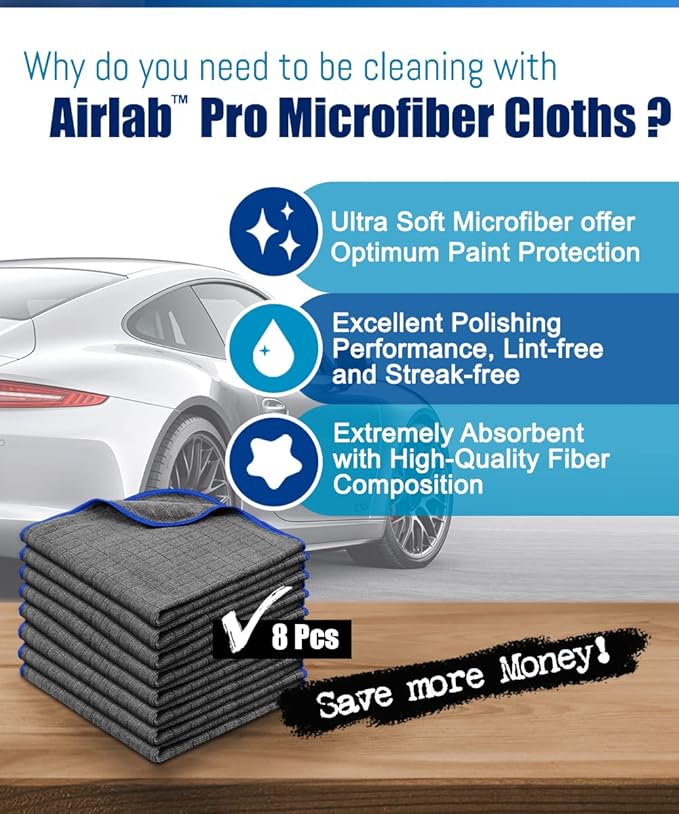 Airlab Glass Polishing Streak Free Miracle Cleaning Cloth, Grey-Navy Blue | Lint Free Microfiber Cleaning Rags for Glasses Kitchen Dish Mirrors Easy Clean, 16 x 16 Inches, Pack of 8