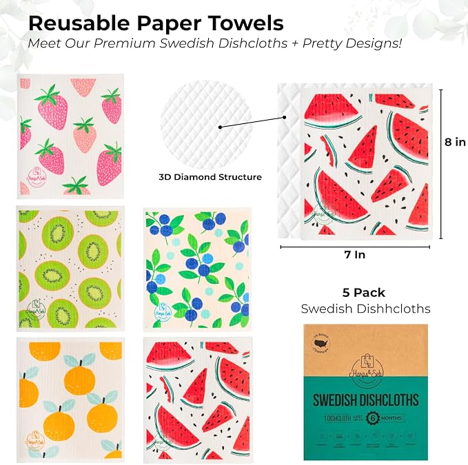 Harps&Seb Swedish Dishcloths for Kitchen Dish Towels - 5 Pack, Non-Scratch Reusable Paper Towels, Super Absorbent Washable Swedish Dish Cloths, No Odor, Biodegradable,Summer Design