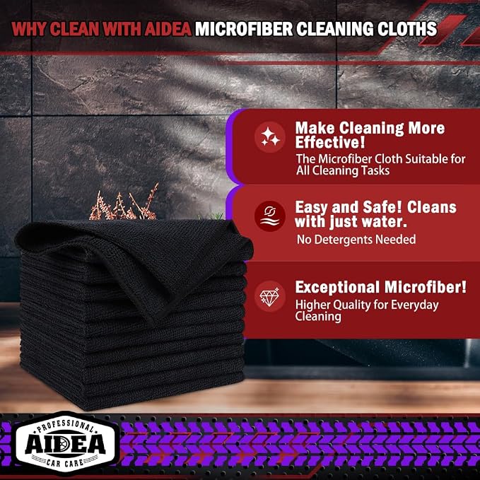 AIDEA Microfiber Cleaning Cloth Black, 600PK, Microfiber Towels for Cars, Shop Towels Cleaning Rags, Premium Wash Cloths, Absorbent Towel for SUVs, House, Kitchen, Commercial, Cleaning Supplies 12×12"