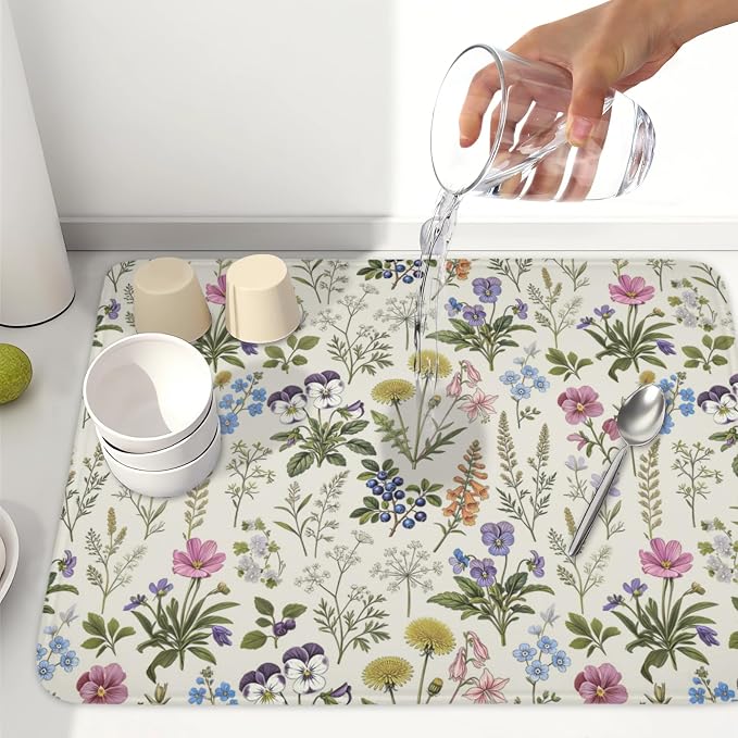Rustic Botanical Print Floral Dish Drying Mat 18x24 Inch | Polyester，Absorbent Microfiber，for Kitchen Coffee Dining Bar Decor