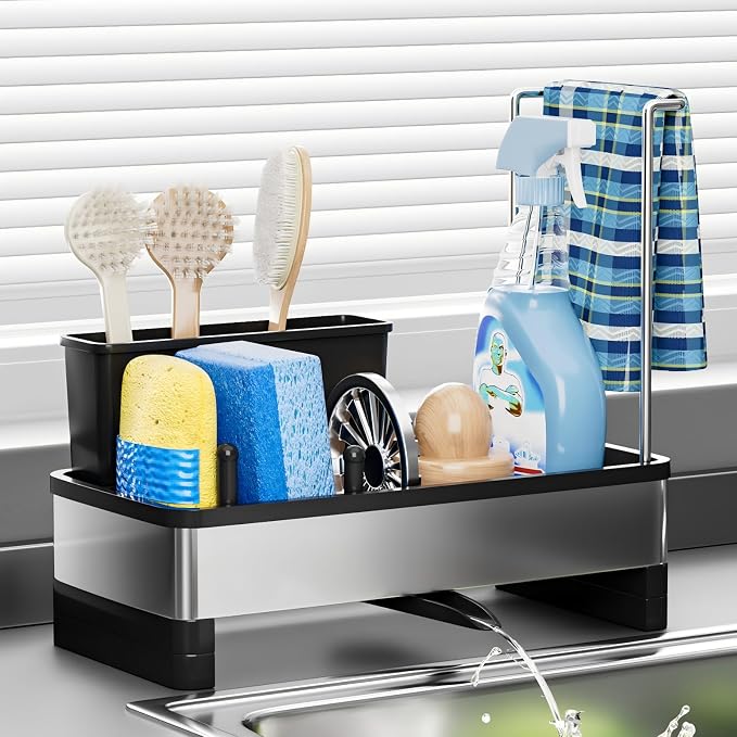 Ewaiira Stainless Steel Sink Caddy, Sponge Holder for Kitchen Sink with Brush Holder and Towel Rack, Sink Organizer for Countertop, Soap Kitchen Organizers Storage Essentials (A-Black)