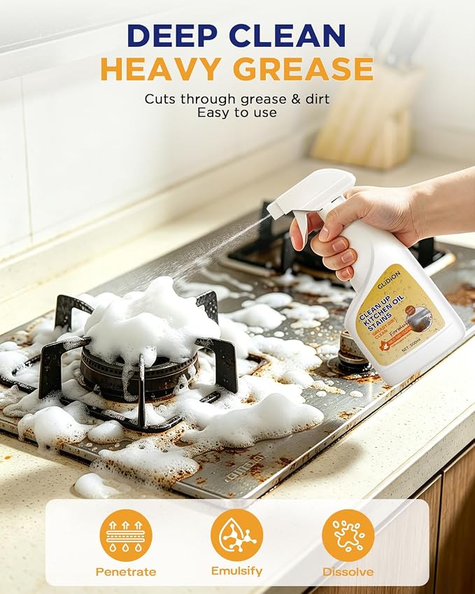 Heavy Duty Kitchen Degreaser Spray, Multi-Purpose Grease Cleaner for Range Hood, Stove, Countertop, Microwave, Non-Corrosive Safe Formula with Foam Sprayer, 16.9 Fl Oz