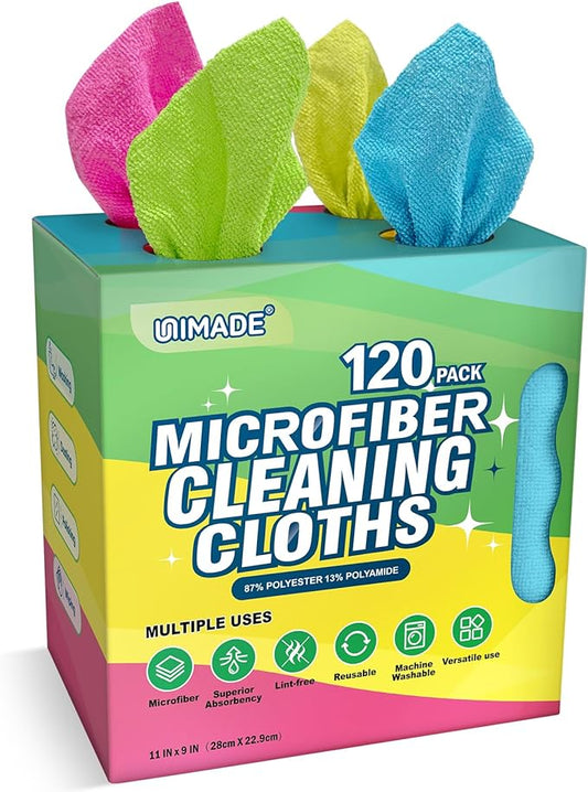 UNIMADE Microfiber Cleaning Cloth, 120 Pack Reusable Paper Towels Microfiber Towels for Cars Lint Free Shop Rags for Home Kitchen Automotive, 11"x 9", Pink & Yellow & Green & Blue
