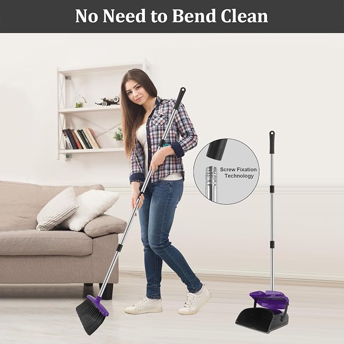 Broom and Dustpan Set, 51" Long Handle Broom with Dustpan Combo Set, Windproof and Self-Cleaning Teeth, Purple Household Dust Pan Set Sweep Kitchen Office Lobby Pet Room