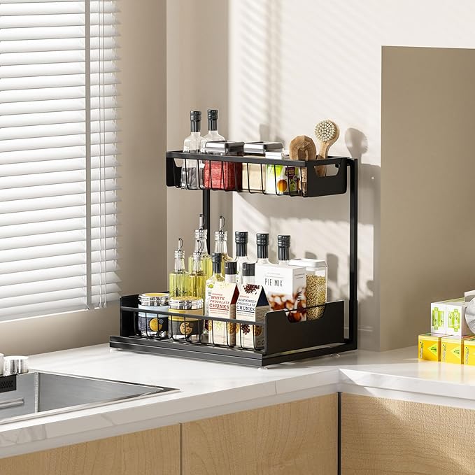 Ceetug Under Kitchen Sink Organizers and Storage, Black, 1 Pack | Slide Out Drawer, L-shape, 2 Tier, Cabinet Organizer for Kitchen Bathroom