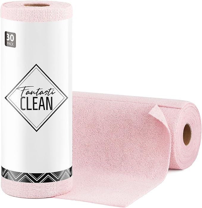 Fantasticlean Microfiber Cleaning Cloth Roll- 30 Sheets, 12" x 12" (Pink) | Super Absorbent, Lint-free, Tear-away Microfiber Towel Roll, for All-Purpose Cleaning, Reusable Alternative to Paper Towels