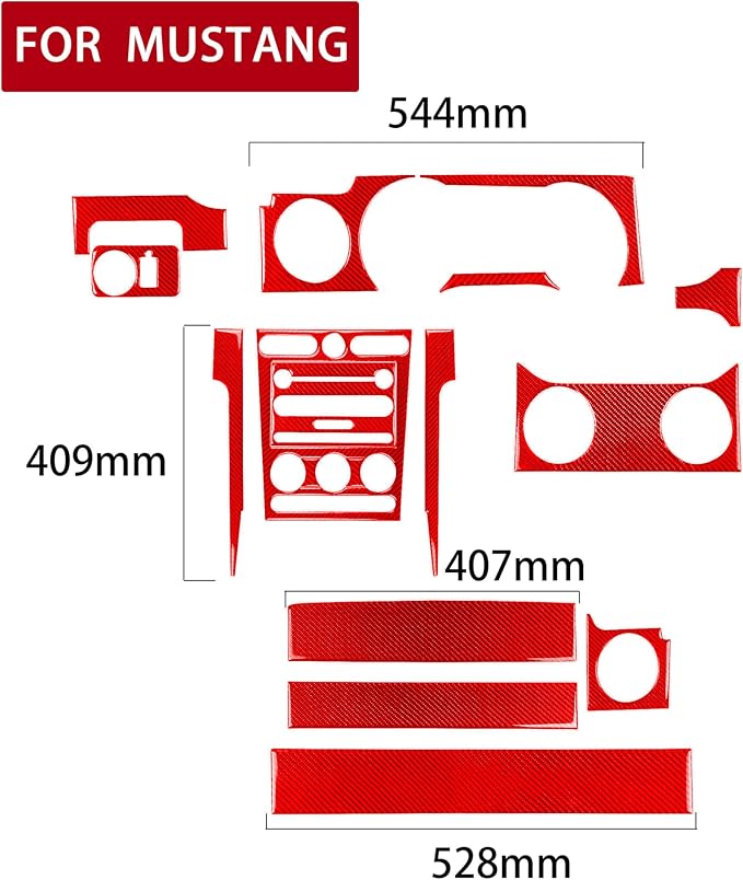 Red Real Carbon Fiber Trim for Ford Mustang Accessories | for GT Shelby 2005 2006 2007 2008 2009 Gear Shift Box Panel Interior Thick Overlay Decal 4PCs
