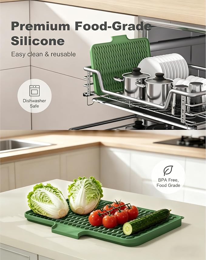 Rnivvi Silicone Dish Drying Mat for Kitchen Counter, 16 x 12" Dish Rack Mat with Drainage Spout, Non-Slip Countertop Protector Heat Resistant Trivet, Drainer Organizer for Home Kitchen Sink , Green