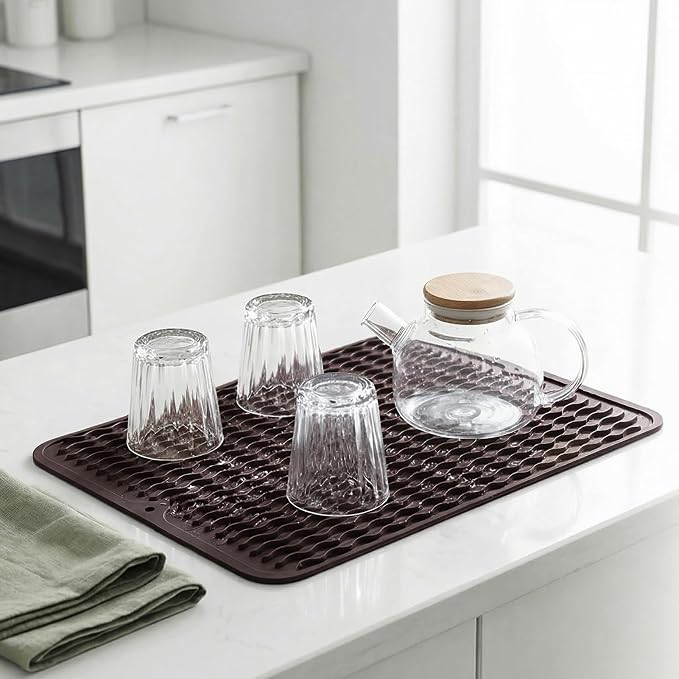MicoYang Silicone Dish Drying Mat — Quick-Dry Ridges Counter & Sink Pad, Heat-Resistant Trivet to 450°F, Non-Slip & Dishwasher Safe, Roll-Up Storage, 18 Colors & 9 Sizes (Coffee, 16"×12")