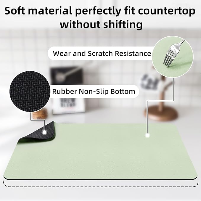 LOPNUR Kitchen Dish Drying Mat, 24"x16" Dish Drying Mats for Kitchen Counter, Diatomite Coffee Mat, Super Absorbent Dish Drying Pad, Heat Resistant Mat with Anti-slip Rubber Backed, Sage Green