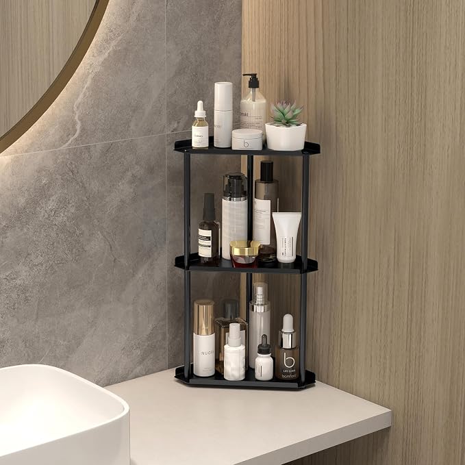 Jesginboo 3 Tier Bathroom Counter Organizer, Vanity Organizer Corner Shelf | Skincare, Makeup Countertop Organizers, Kitchen, Bathroom Counter Storage, Black