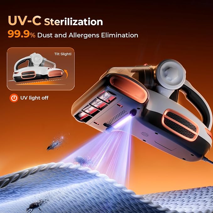 JIGOO T600 Mattress Vacuum Cleaner with UV-C Light, 15Kpa Suction 700W Powerful Double-Cup Handheld Vacuums, Bed Cleaner with Smart Dust Sensor, Ultrasonic, Heating Tech, MIF Filter
