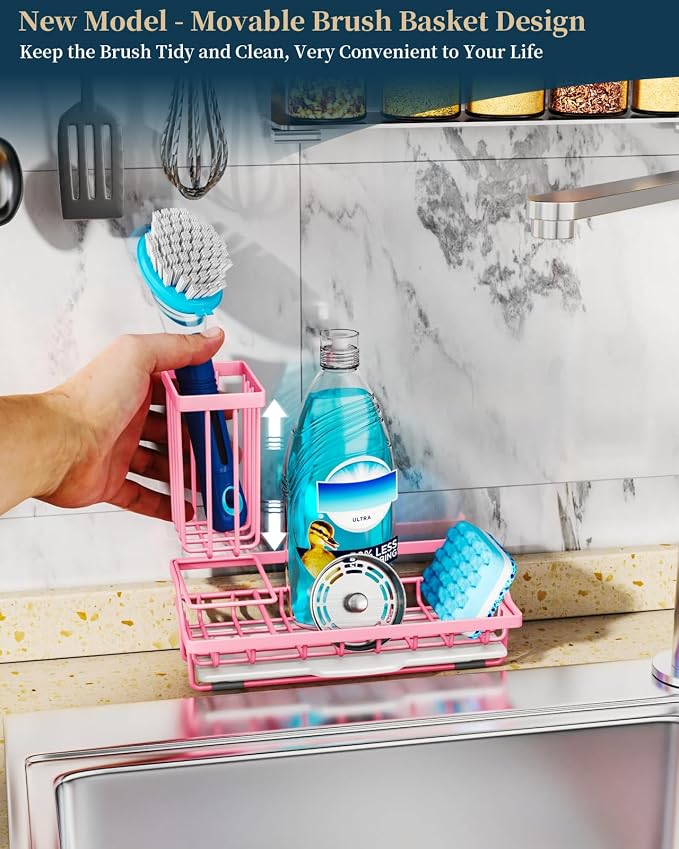 Consumest Sponge Holder for Kitchen Sink - Kitchen Sink Caddy Organizer with Removable Drip Tray for Countertop Dish Soap Dispenser Brush Storage Accessories 304 Stainless Steel, Pink