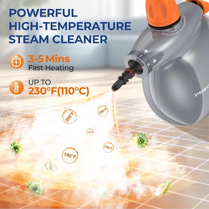 Pressurized Handheld Steam Cleaner, 13Pcs Portable Deep Cleaning Steamer | Natural Deep Cleaning, Multi-Purpose for Home, Grout, Kitchen, Car, Window, Upholstery, Bathroom and Clothes