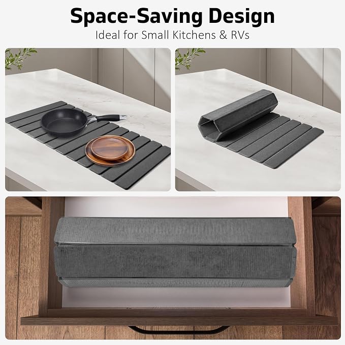 Foldable Stone Dish Drying Mat, 2 Pack Super Absorbent Diatomaceous Earth Bath Mat with Anti-Slip Base, Quick Drying Modern Mat for Bathroom Kitchen Counter