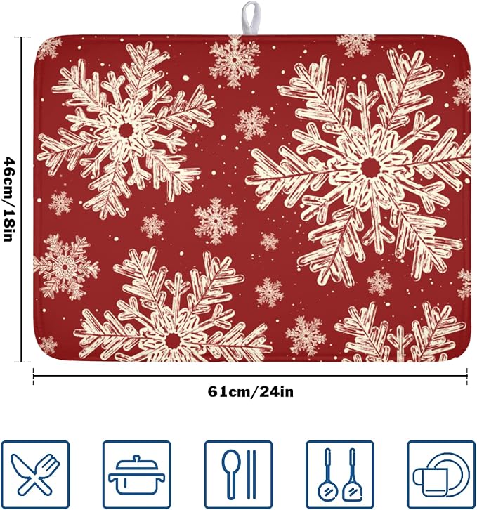 Red Christmas Dish Drying Mat for Kitchen Counter 18x24 Inch | Christmas Snowflake Dish Drainer Mat Rustic Farmhouse Xmas Holiday Absorbent Washable Drying Pad