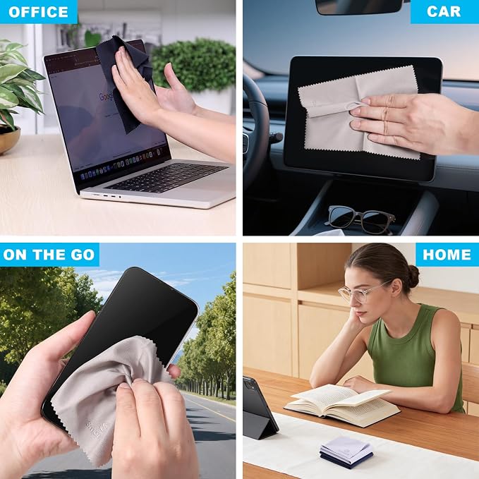 SmoTecQ 32 Pack Microfiber Cleaning Cloths for Glasses (Individually Wrapped) - Premium Optical Lens Cleaner for Screens, iPhone, iPad, Camera & Eyeglasses - Washable & Lint Free (Black & Grey)