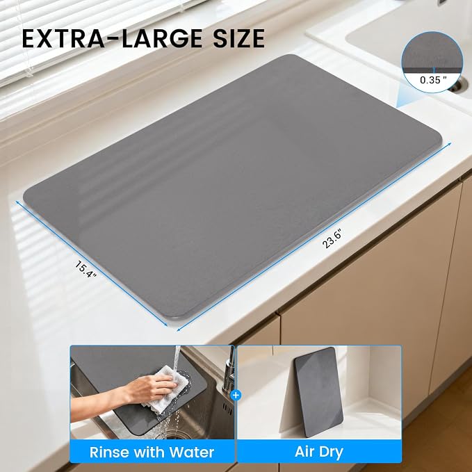 Sapsisel Large Stone Drying Mat for Kitchen Counter, 24" x 16", Quick Dry Absorbent Diatomaceous Stone Mat, Dish Drying Stone for Kitchen Counter