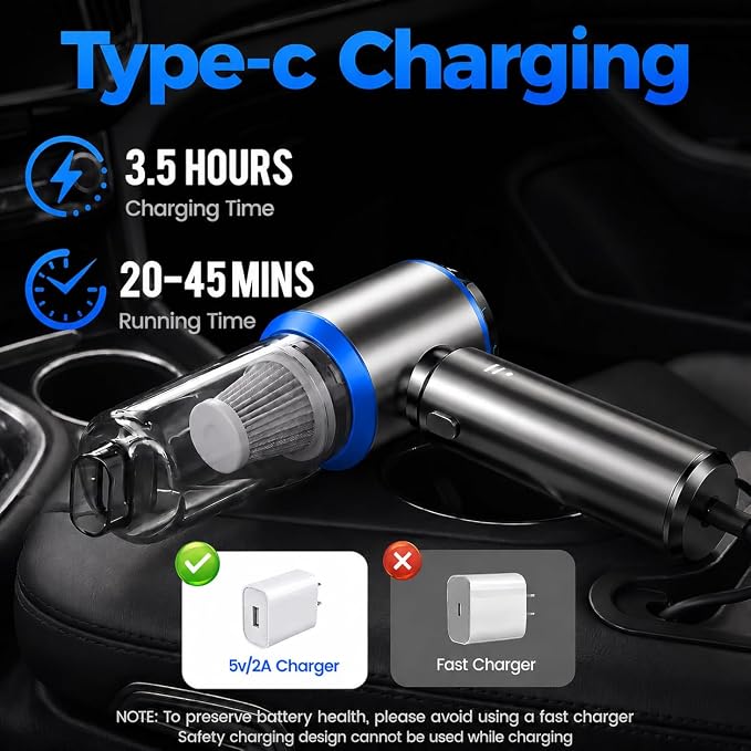 Cordless Mini Car Vacuum Cleaner, Hand Held Portable Vacuum, 21000PA High Power Small Vacuum Cleaner, Compressed Air Duster & Air Blower & Aspiradora para Carro for Car, Home, Office, Pet