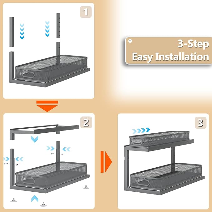 2-Pack 21.3 IN Depth Under Sink Organizer With Next-Gen Ball-Bearing Slides,Sophisticated Mesh 2-Tier Pull Out Shelf for Kitchen & Bathroom,Fits Small Items-Gun Gray