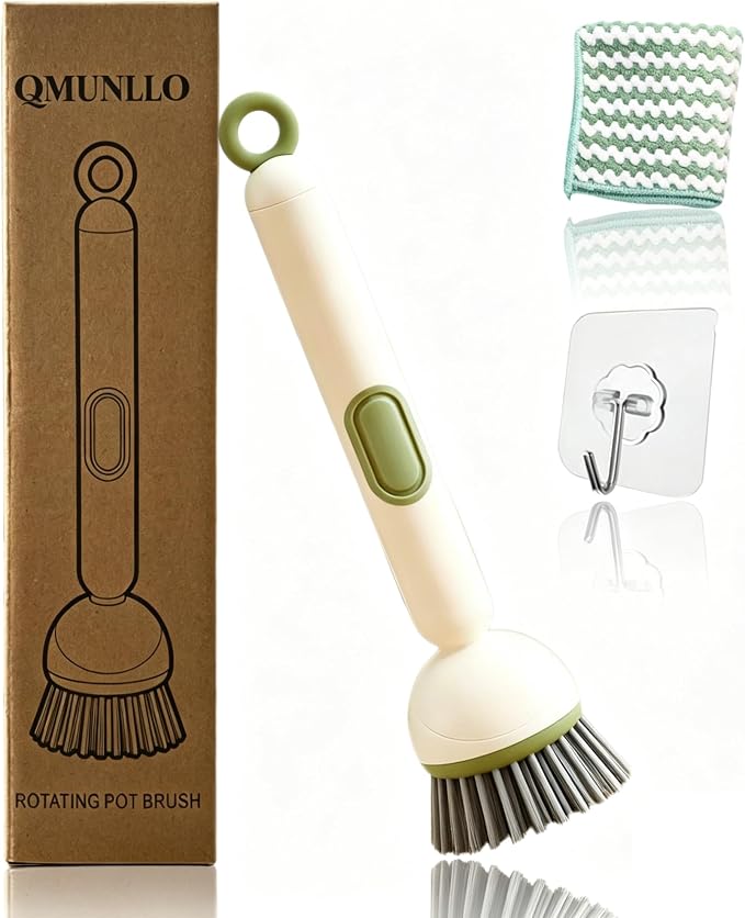 QMUNLLO 360° Rotating Dish Brush with Soap Dispenser, Non-Slip Long Handle Kitchen Scrubber Cleaning Set with Towel and Wall Hook, Ideal for Sink, Pans, Pots Cleaning(Green)